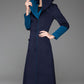 Navy blue long wool coat for winter with hood 1416#