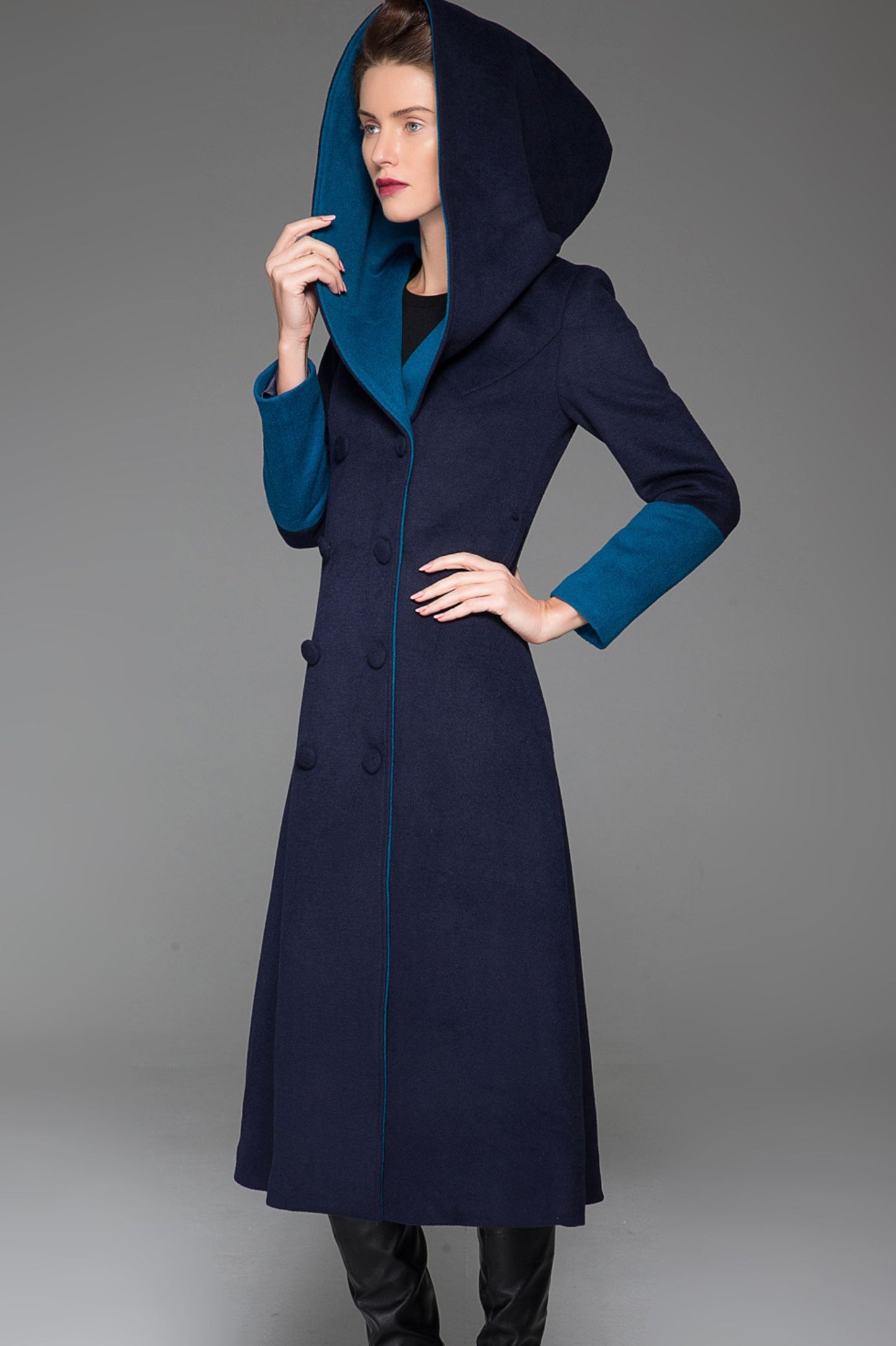 Navy blue long wool coat for winter with hood 1416#