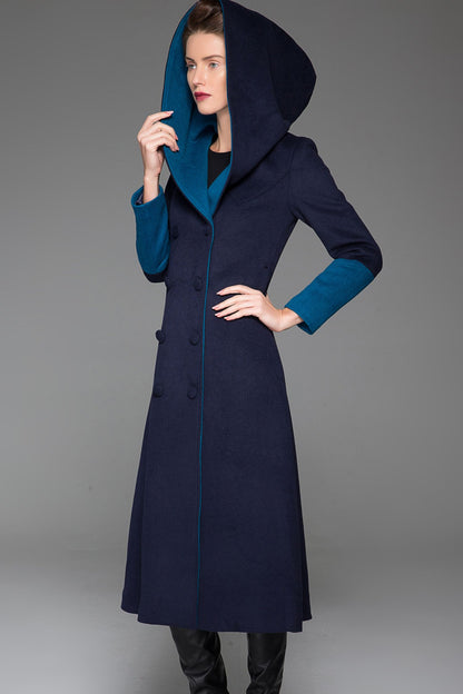 Navy Wool Coat with Teal Accents - Oversized Hood and Flared Silhouette 1416