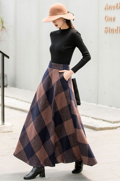 Plaid Wool Maxi Skirt - Vintage Inspired Pleated Circle 2837