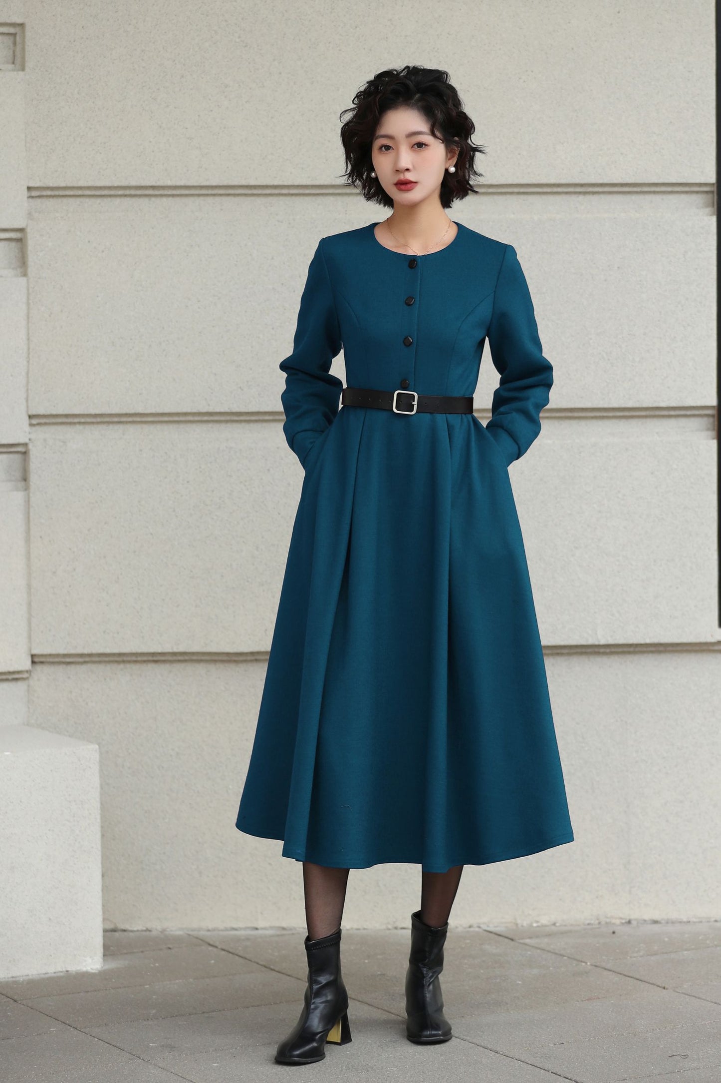 Handmade Vintage Wool Dress – Burgundy Fit and Flare Midi Dress for Winter 6612