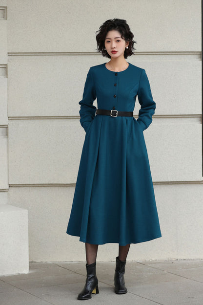 Handmade Vintage Wool Dress – Burgundy Fit and Flare Midi Dress for Winter 6612