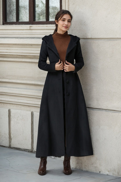 Black Wool Hooded Coat – Vintage A-Line Maxi Overcoat for Women 1839