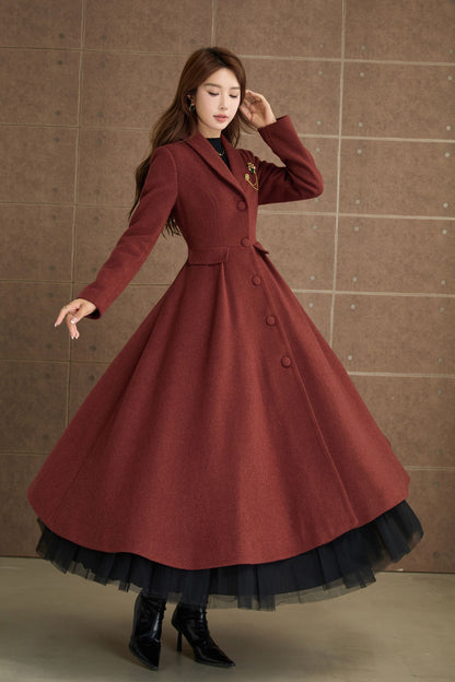Red Brown Wool Fit and Flare Coat – Vintage Long Winter Wool Overcoat 5369
