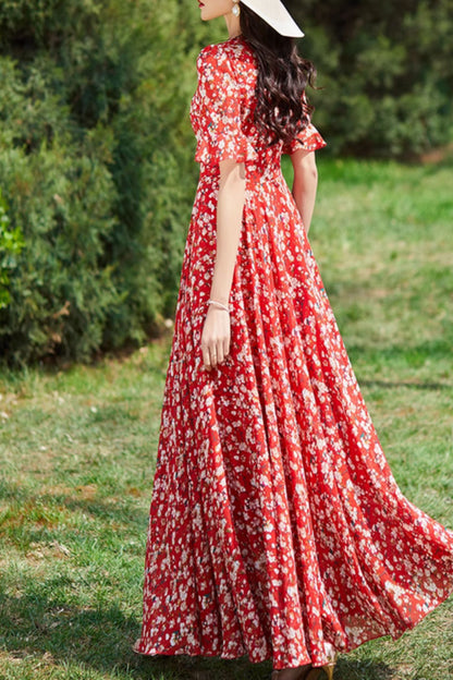 Red Chiffon Maxi Dress - Floral Print with V-Neck and Fitted Waist 5008