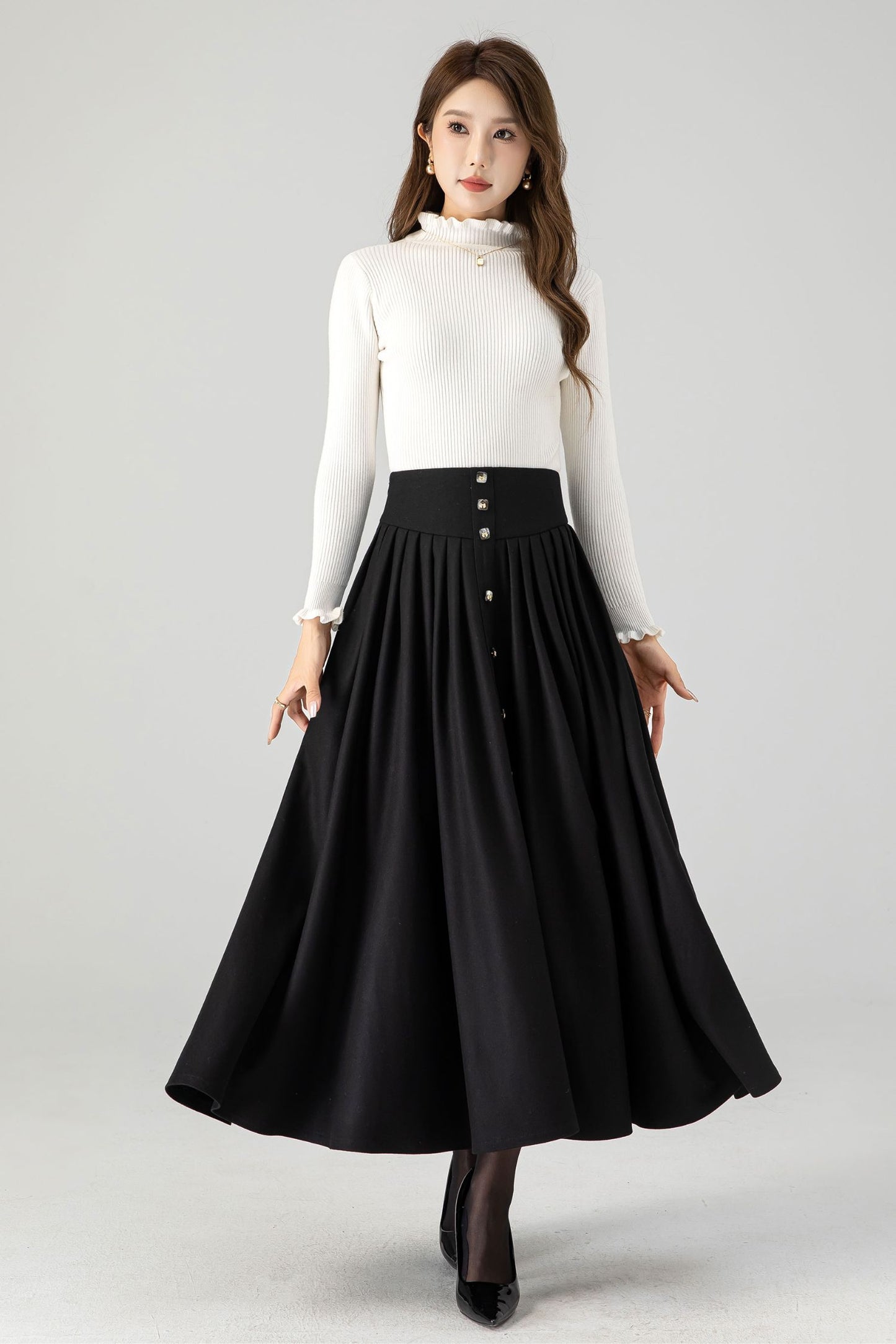 Swing black long pleated wool skirt 4611