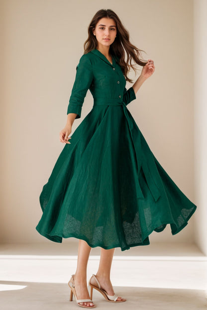 Green swing linen shirt dress for women 5122