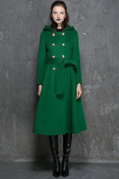 Army Green Wool Coat - Double-Breasted A-Line with Hood 1346