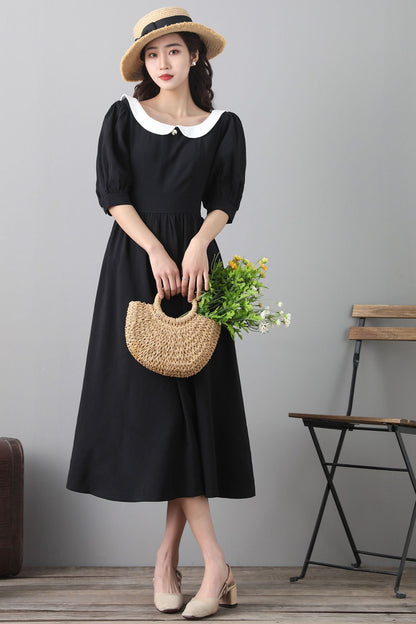 Black Cotton Linen Midi Dress - Vintage Inspired A-Line Swing 2559