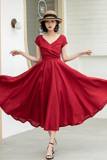 Versatile Linen Midi Dress in Vibrant Red 5831