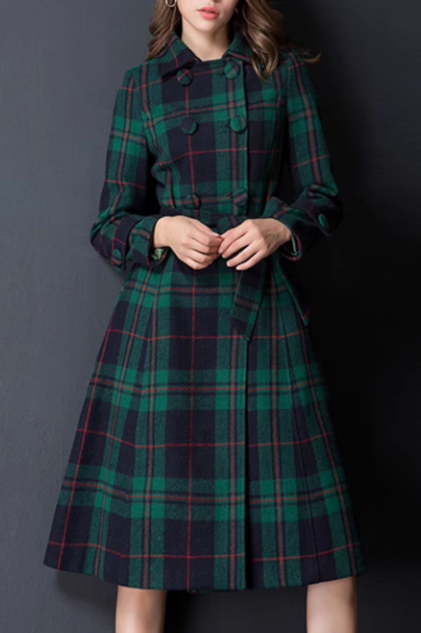 Double breasted winter plaid wool coat 5293