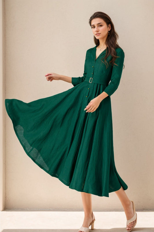 1950s Midi Linen Shirt Dress for Women 5127