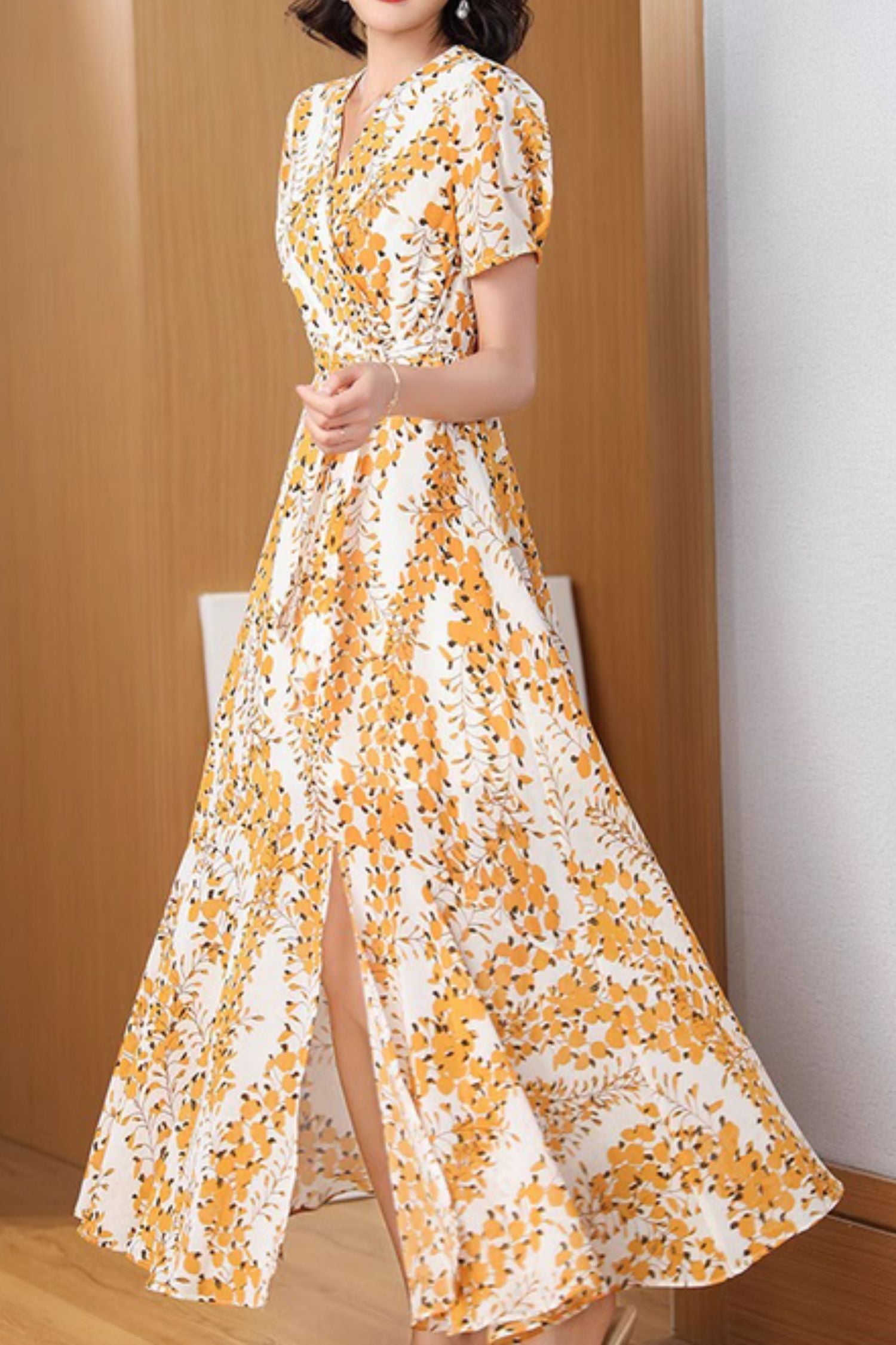 Printed Chiffon Maxi Dress - V Neck, Fitted Waist, Flowing Silhouette 5024