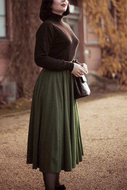 Green Wool Midi Skirt - High Waist, Flowing Silhouette 4738