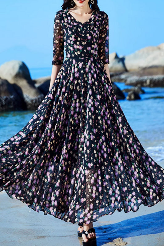 Long black floral printed summer beach dress 5090