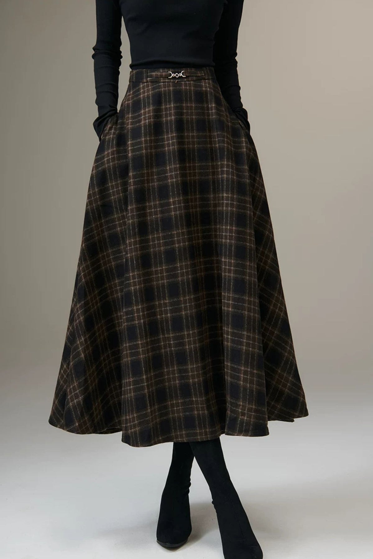 Brown Plaid Wool Blend Midi Skirt - Vintage A-Line women Skirt Winter 7020