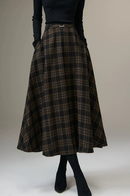 Brown Plaid Wool Blend Midi Skirt - Vintage A-Line women Skirt Winter 7020