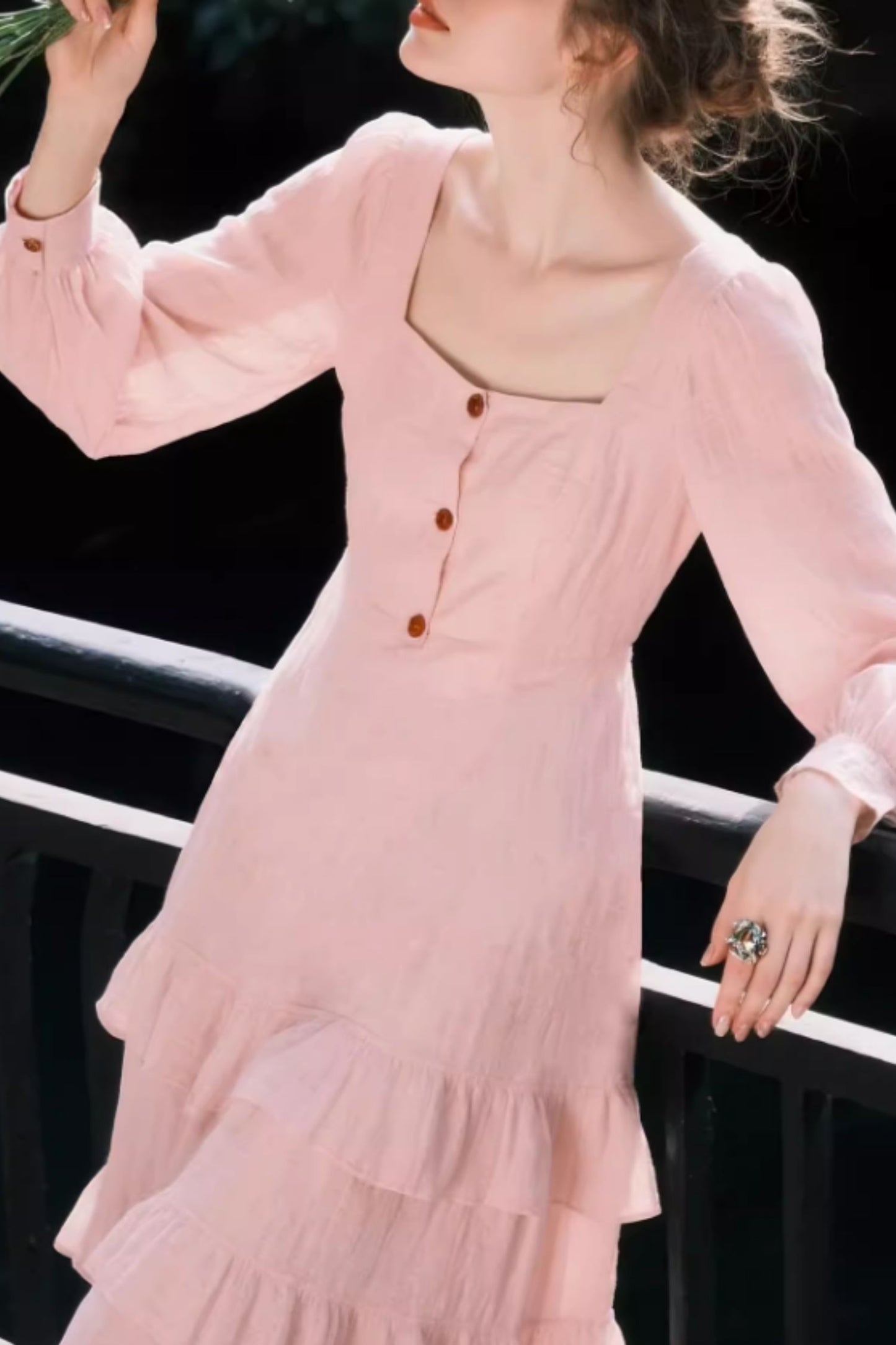 Pink Linen Midi Dress – Romantic Square Neck Button Front Summer Dress | Xiaolizi 6639