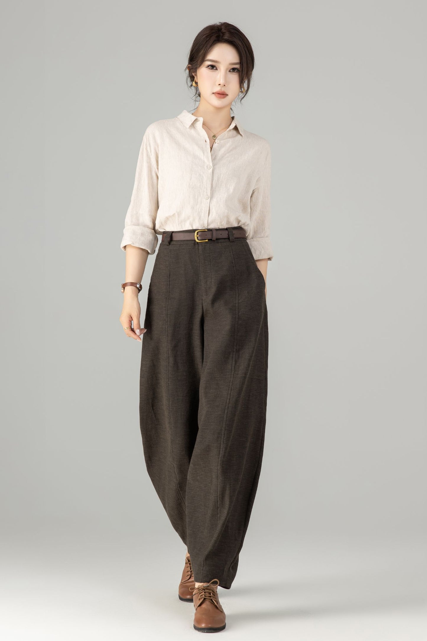 Brown Linen Harem Pants – Loose Fit Tapered Trousers for Women 6679