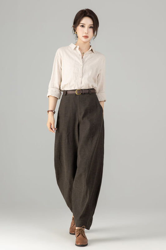 Brown Linen Harem Pants – Loose Fit Tapered Trousers for Women 6679