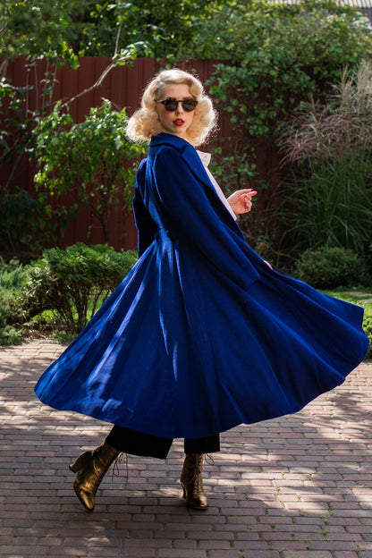 Vintage blue wool long coat with flare skirt and lapel collar