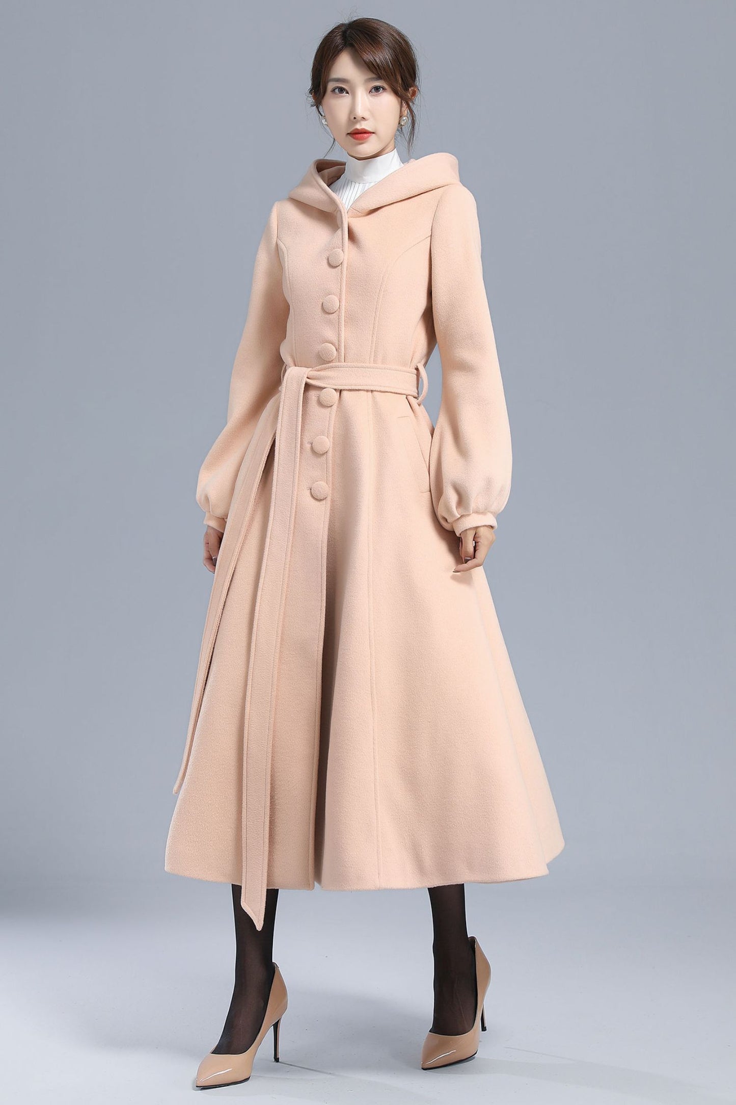 Hooded Lantern Sleeve Long Wool Coat 3210