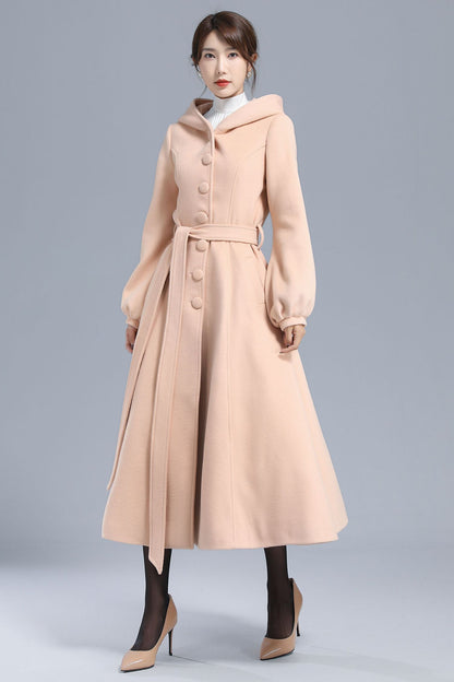 Handmade Wool Hooded Coat – Lantern Sleeve Belted Winter Long Overcoat | Xiaolizi 3210
