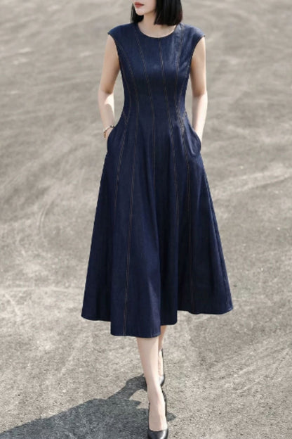 Elegant Sleeveless Denim Midi Dress for Everyday Wear | Xiaolizi 6824