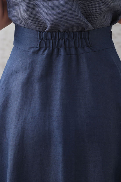 Dark Blue High Waist A Line Elastic Waist Linen Skirt 3339