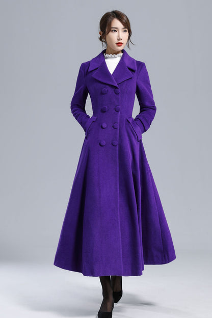 Purple Wool Coat - Vintage Double-Breasted Fit-and-Flare Overcoat 3237