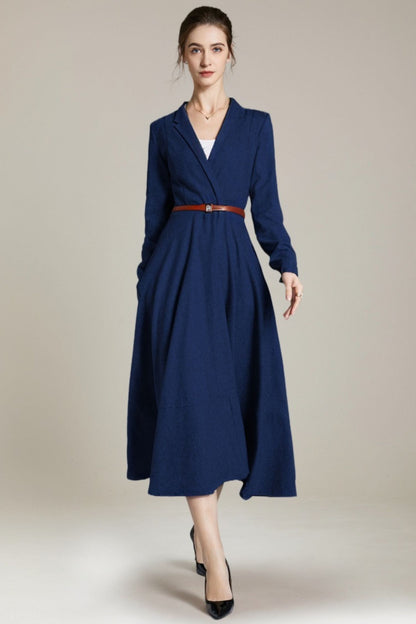 Elegant Wool V-Neck Dress – Long Sleeve Midi Winter Dress 5489