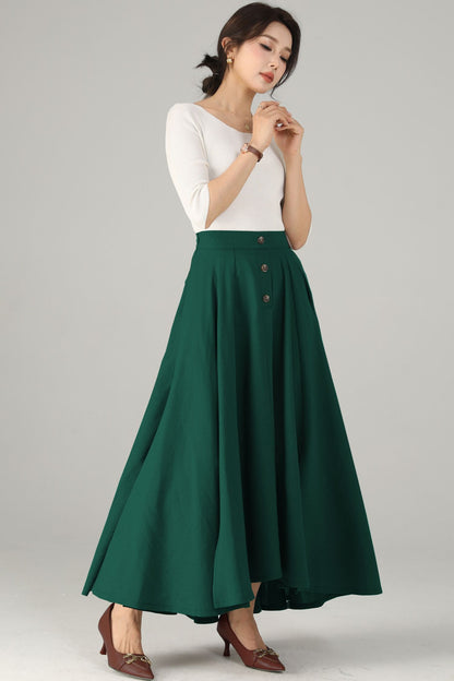 Green Linen Cotton Maxi Skirt - High-Waisted with Side Slit 5719