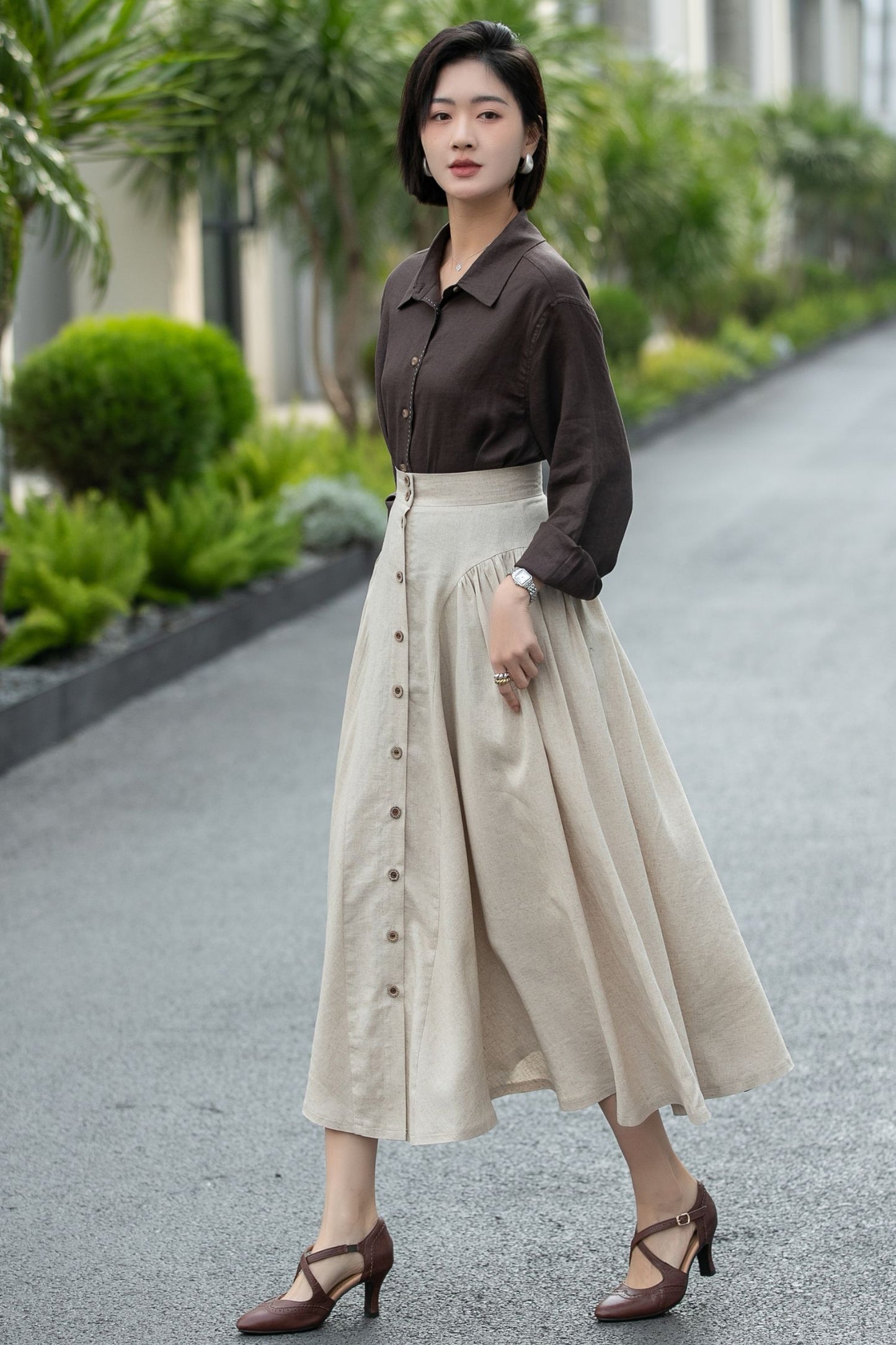 Beige Linen Midi Skirt – High Waist A-Line Button Front Skirt 6666