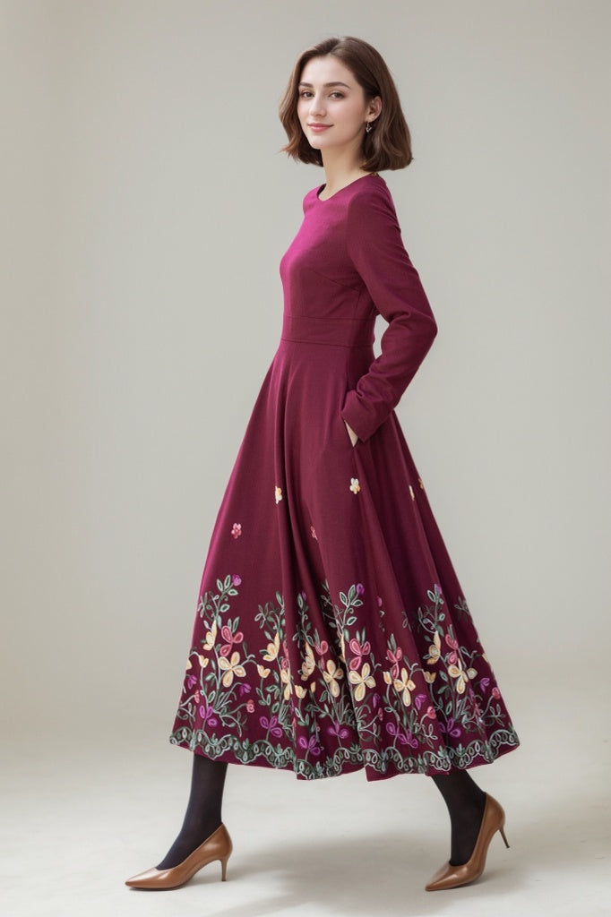 Embroidered burgundy fit and flare wool dress 5307