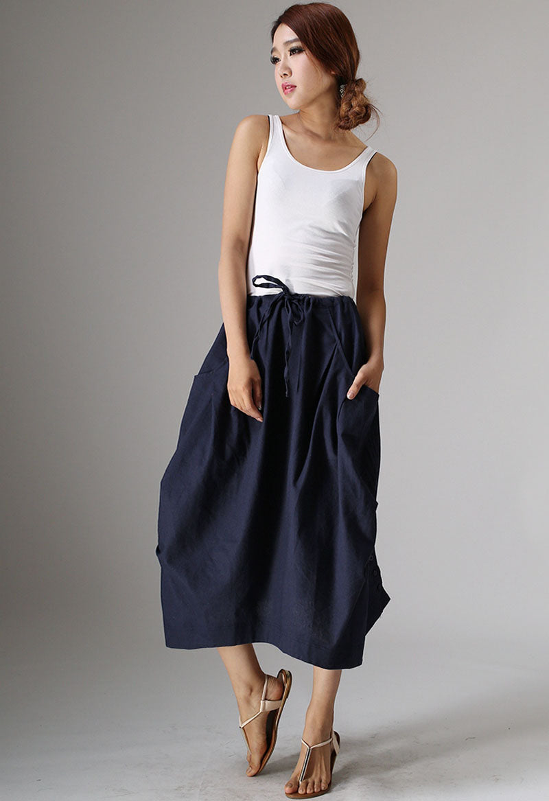 Handmade Linen Cotton Midi Skirt – Drawstring Waist with Big Pockets | Xiaolizi 0983
