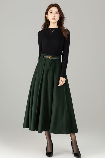 Army Green Wool Maxi Skirt - A-Line Vintage Elegance 6497