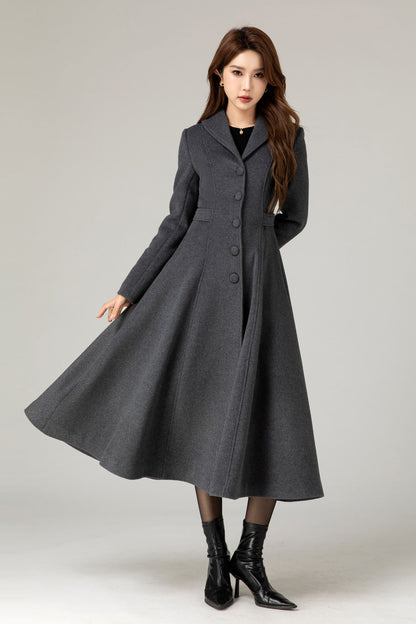 Handmade Charcoal Grey Wool Coat – Vintage Tailored A-line Long Winter Overcoat | Xiaolizi  5479