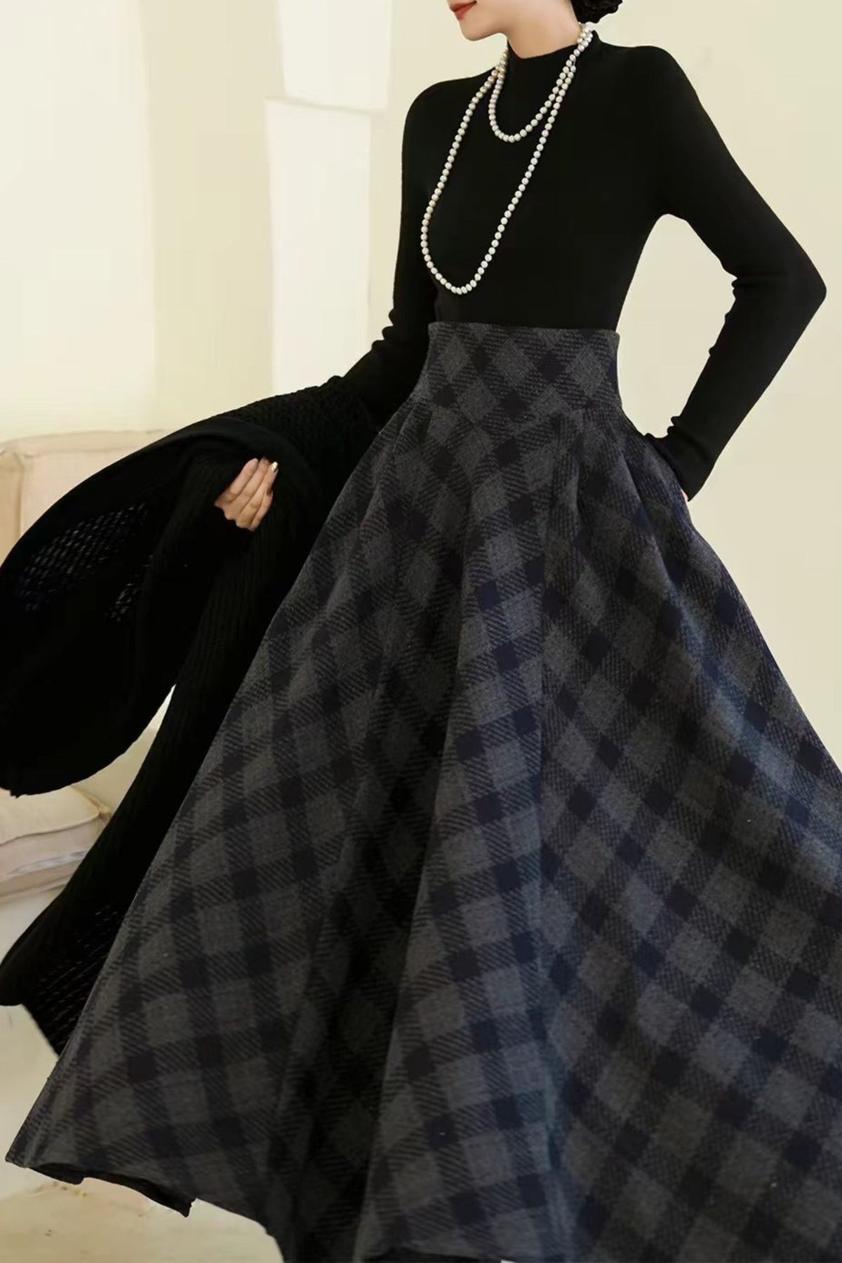 Vintage Navy Plaid Wool Swing Skirt- High Waist Swing  Winter Midi Skirt 7021