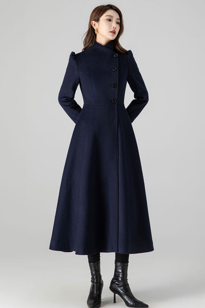 Wool Blend A-Line Coat – Dark Blue Long Coat with Pockets 4506