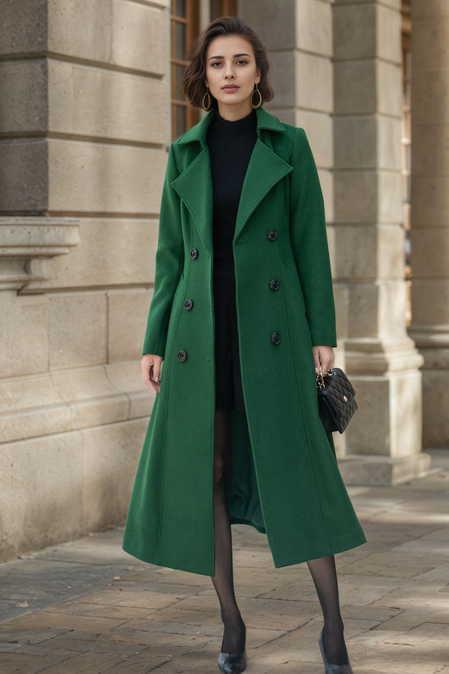 Double Breasted Wool Coat – Elegant Green Winter Overcoat for Women 6298