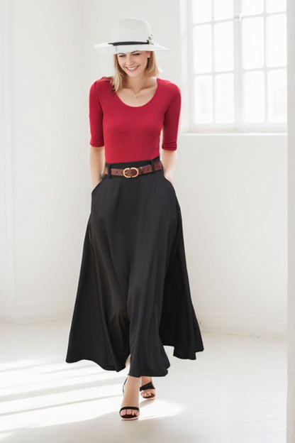 Black A Line Maxi  Linen Skirt with Pockets  2779