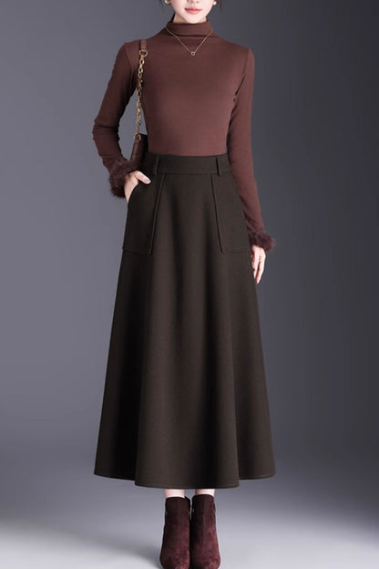 Brown Wool A-Line Midi Skirt with Pockets - Winter Warmth 6141