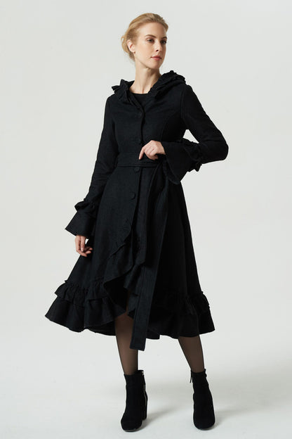 Black Wool Blend Long Coat - Ruffle Hood Belt Dipped Hem | Xiaolizi 1970