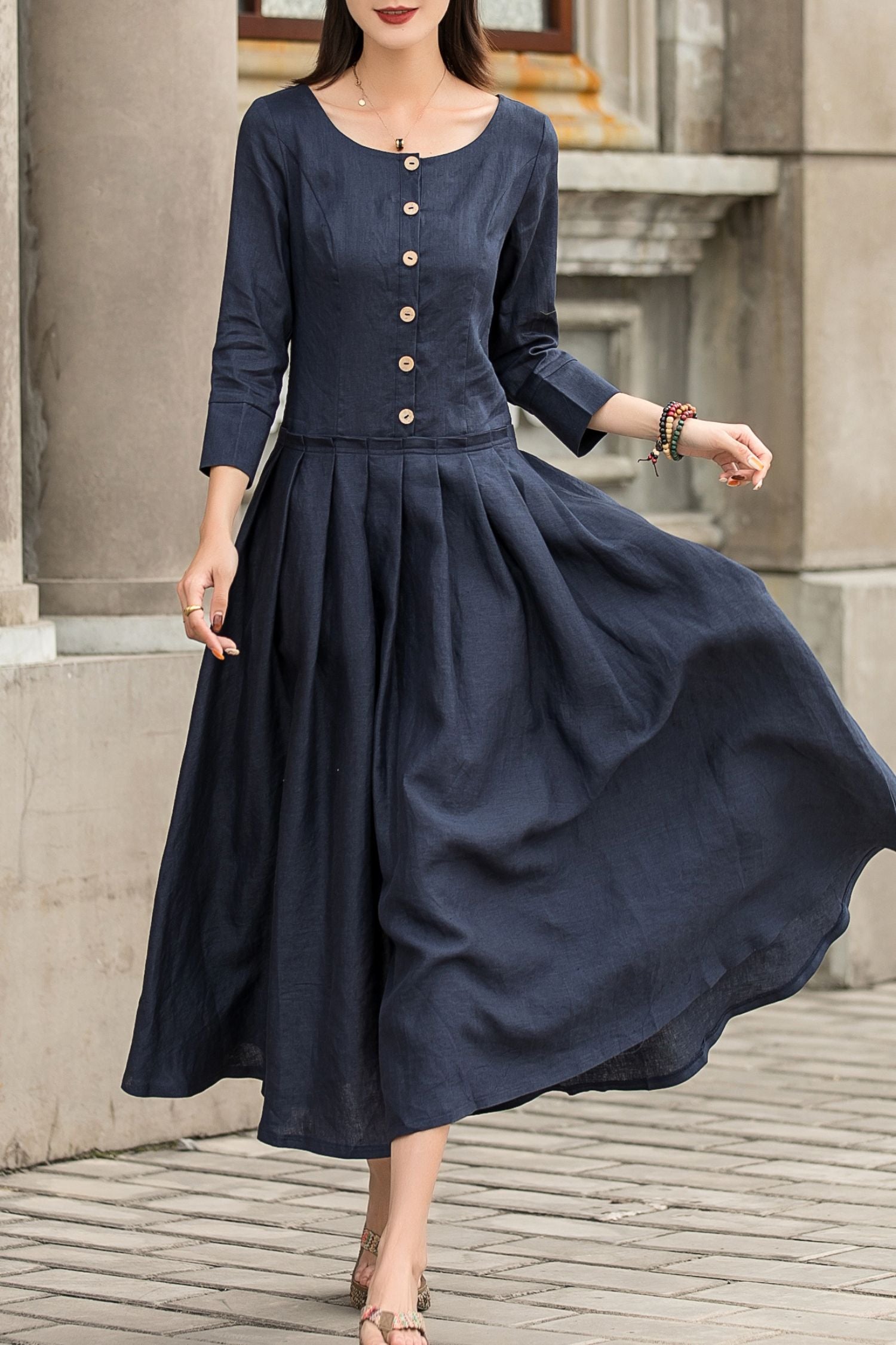 Navy 100% Linen Drop Waist Maxi Dress | Xiaolizi 2742 Navy 100% Linen Drop Waist Maxi Dress | Xiaolizi 2742
