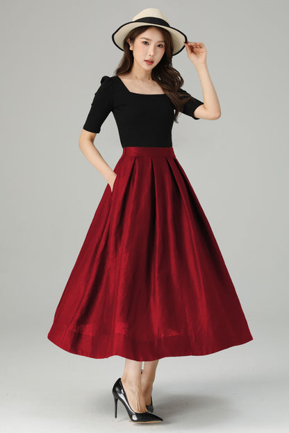 Red Linen Midi Skirt: Retro High Waisted A-Line Pleated Skirt 6714