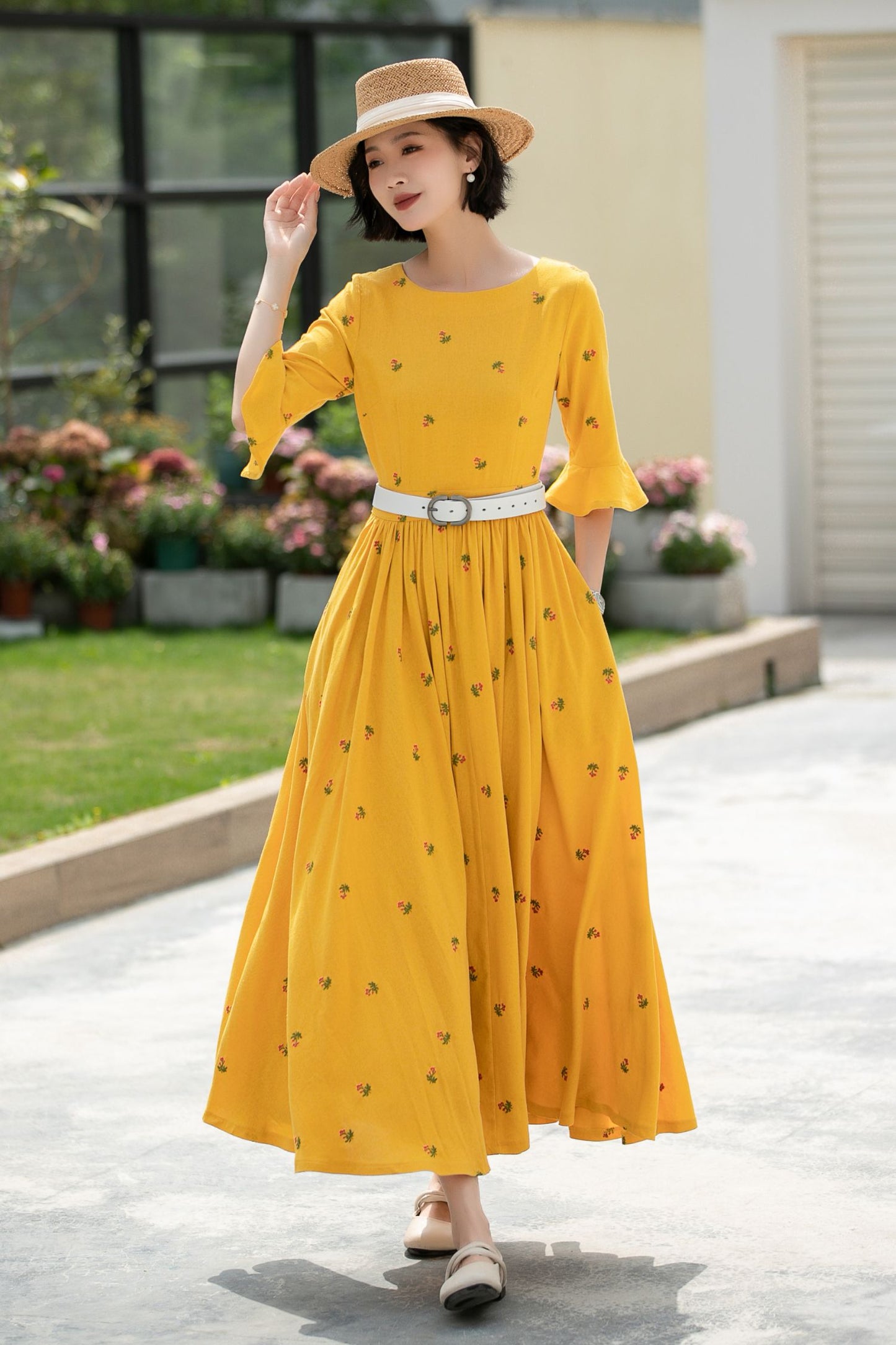 Floral Long spring Linen Dress 5985