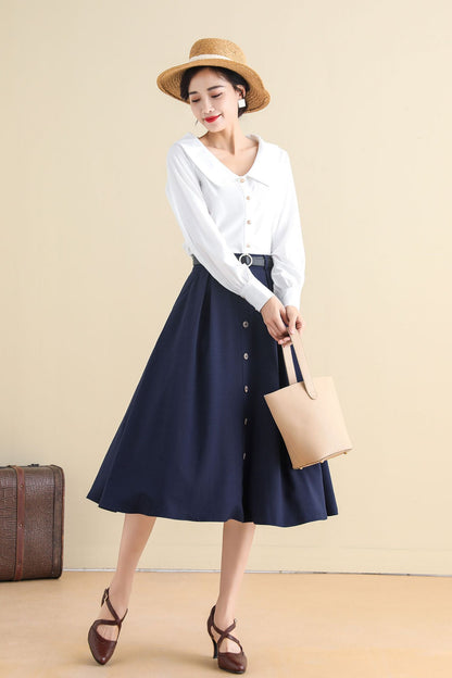 Navy Buttoned Cotton Blend Midi Skirt - A-Line, Vintage Inspired 2786
