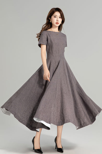 Cottagecore Linen Midi Dress with Pockets – Vintage Fit and Flare Summer Dress 4960