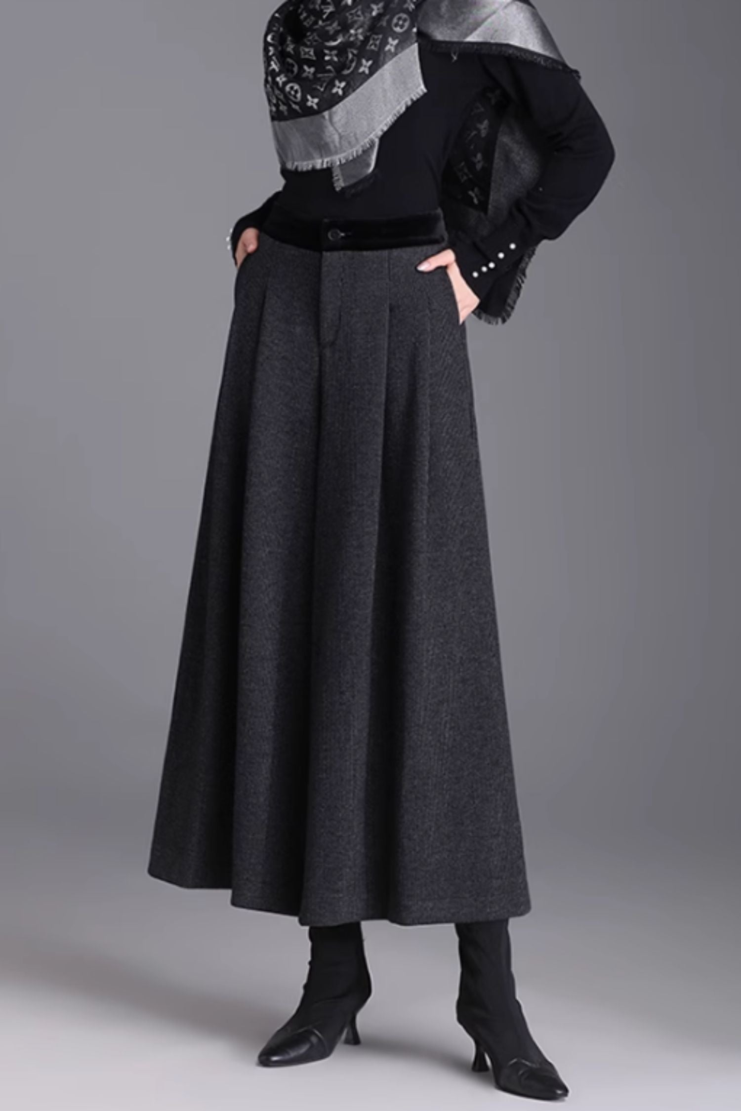 Gray Wool Wide Leg Pants - Warm Midi Length with Pockets 6368