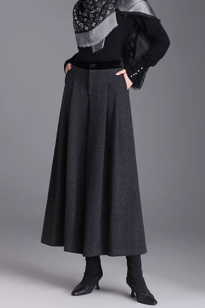 Gray Wool Wide Leg Pants - Warm Midi Length with Pockets 6368